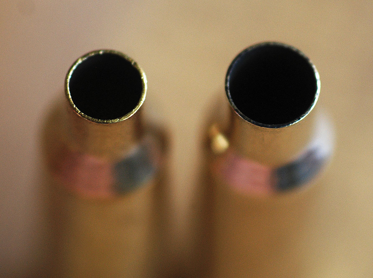 Reloaders of the 250-3000 might find it easier and cheaper to re-form 22-250 Remington brass (left) by running it through a 250-3000 full-length sizing die (right).